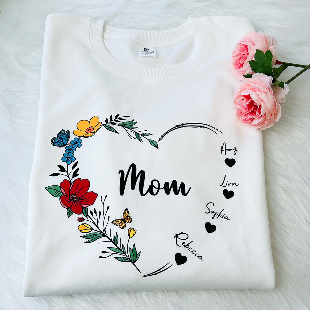 Mom's Flower Heart Customized Names Hoodie/Crewneck