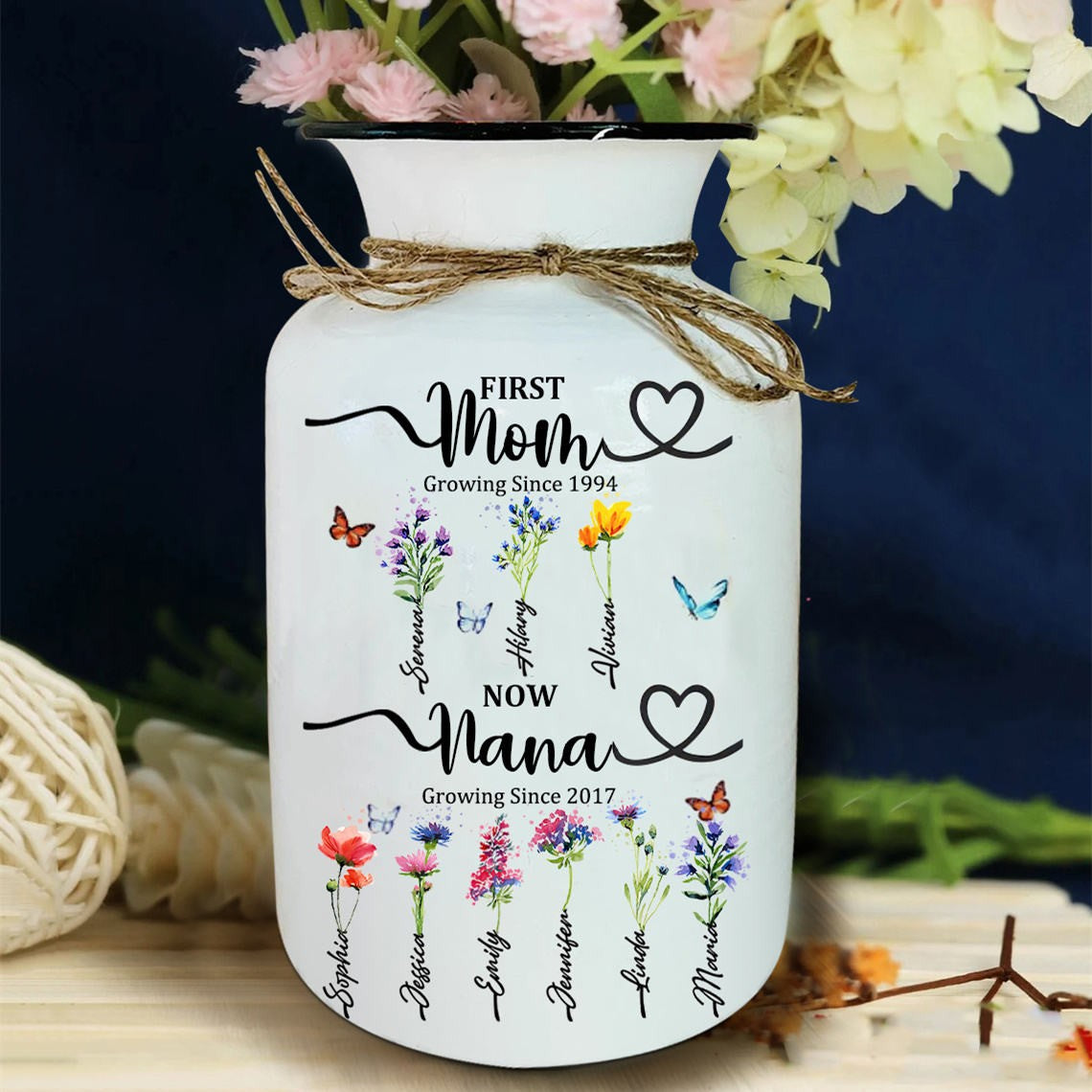 First Mom Now Grandma Custom Birth Flower Vase