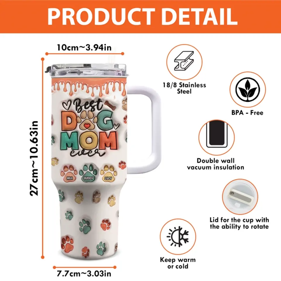 Best Dog Mom Ever - Dog & Cat Personalized Custom 3D Inflated Effect Printed 40 Oz Stainless Steel Tumbler With Handle - Gift For Pet Owners, Pet Lovers