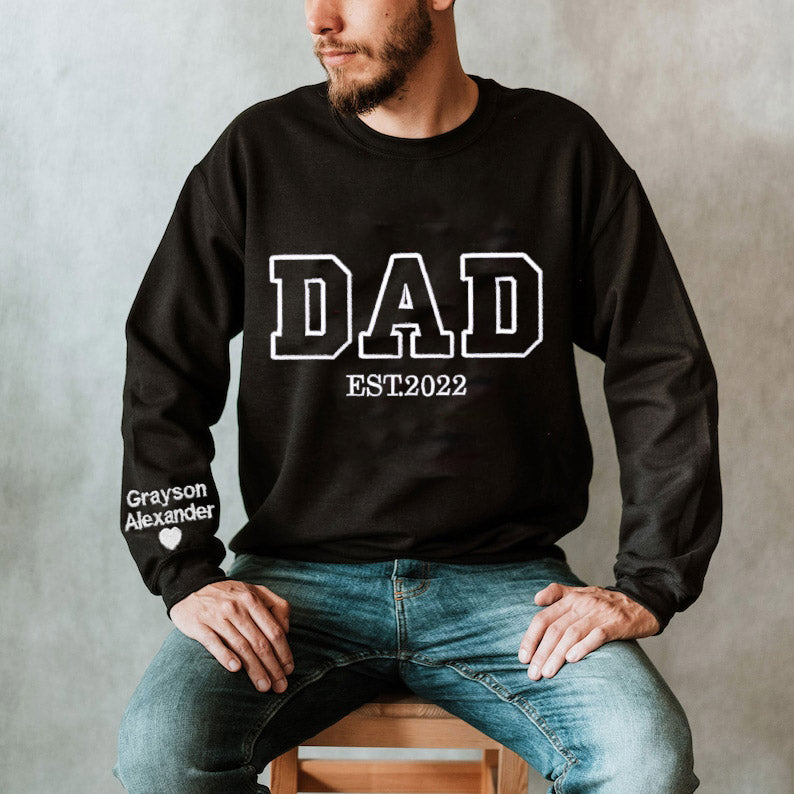 Custom Embroidered Sweatshirt, Name On Sleeve With Heart Father's Day Gift