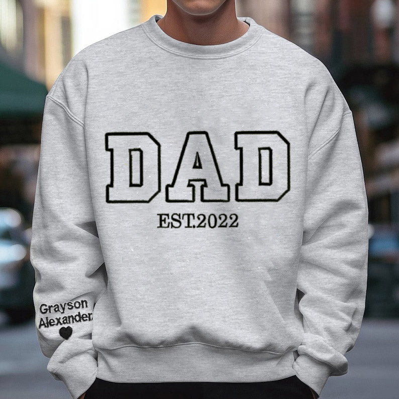 Custom Embroidered Sweatshirt, Name On Sleeve With Heart Father's Day Gift