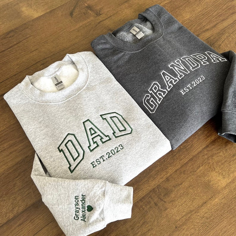 Custom Embroidered Sweatshirt, Name On Sleeve With Heart Father's Day Gift