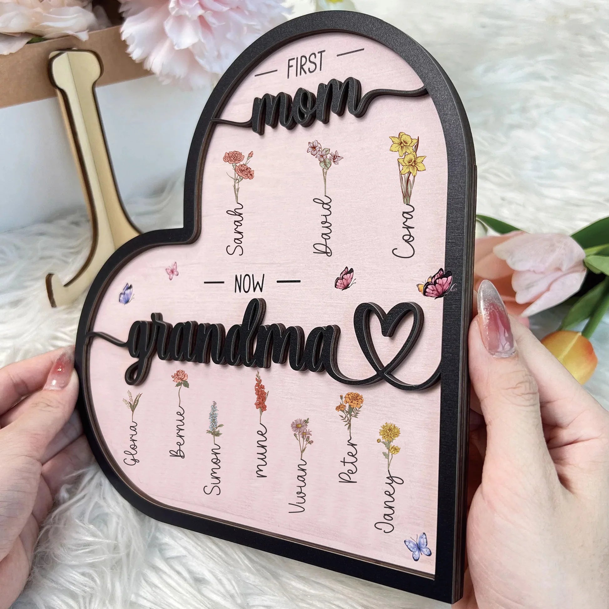 First Mom Now Grandma - Personalized Wooden Heart Plaque