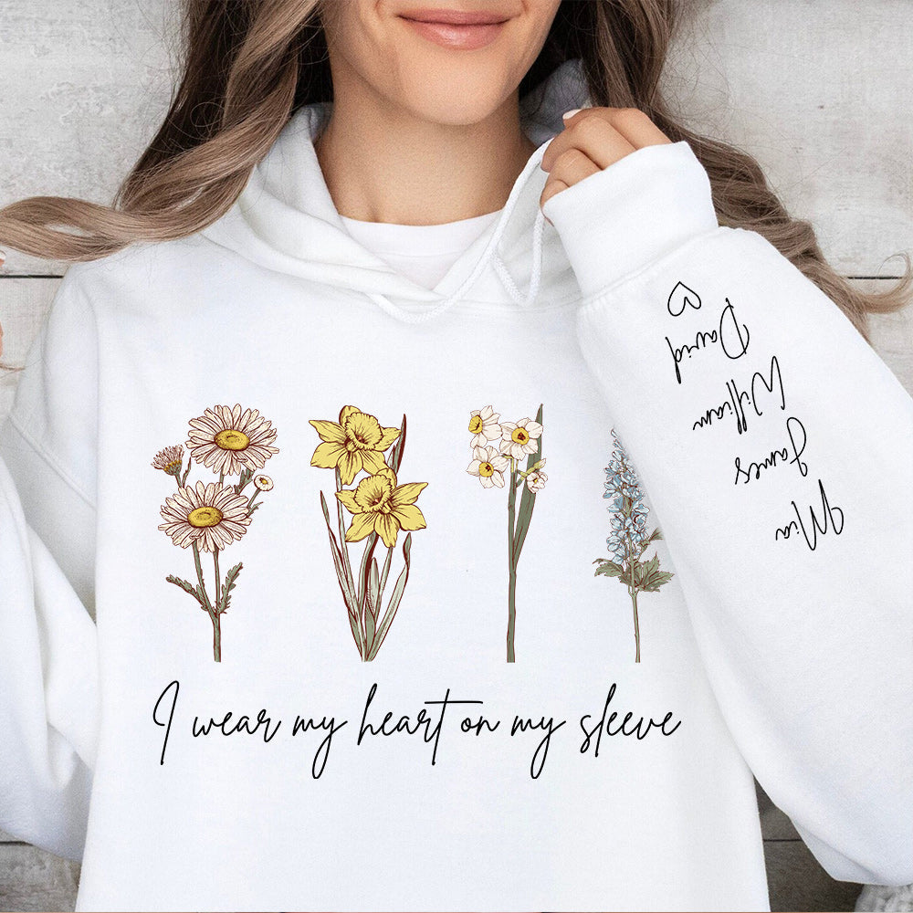 I Wear My Heart On My Sleeve Personalized Names BirthFlower Hoodie/Sweatshirt/T-shirt